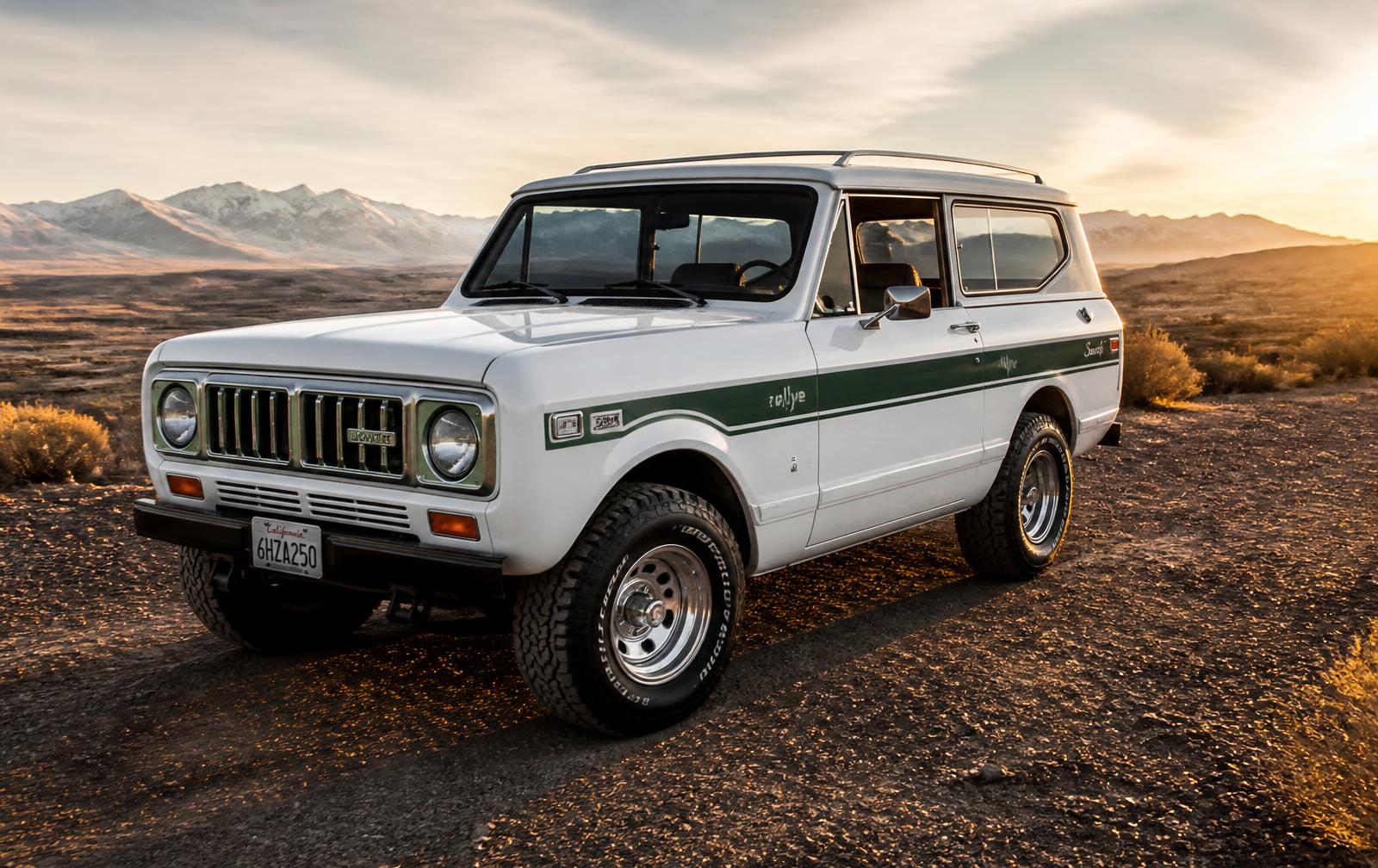 Restored International Harvester Scout II at golden hour